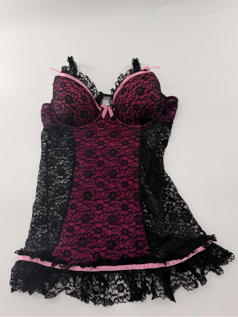 Victoria’s Secret Sexy Black Hot Pink Lace Lingerie Top Bra Bow Babydoll 36C VS